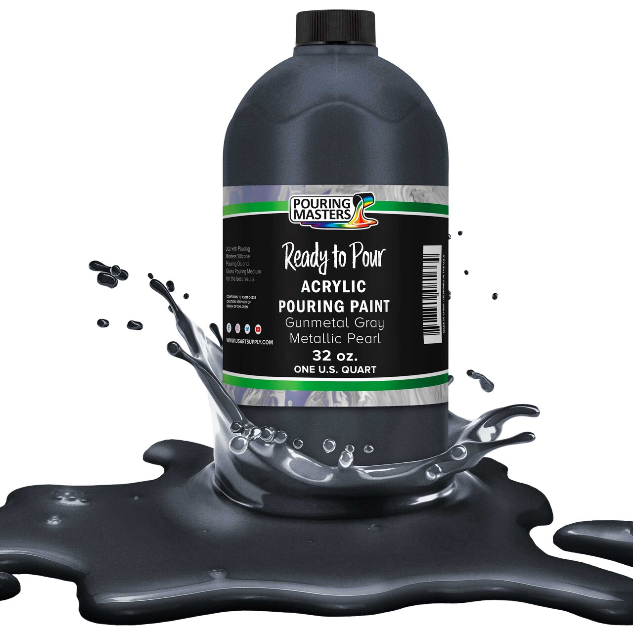 Pouring Masters Gunmetal Gray Metallic Pearl Ready to Pour Acrylic Pouring Paint - Premium 32-Ounce Pre-Mixed Fluid Acrylic Paint - Fluid Art Supplies for Canvas, Wood, Paper, Tile & Rocks